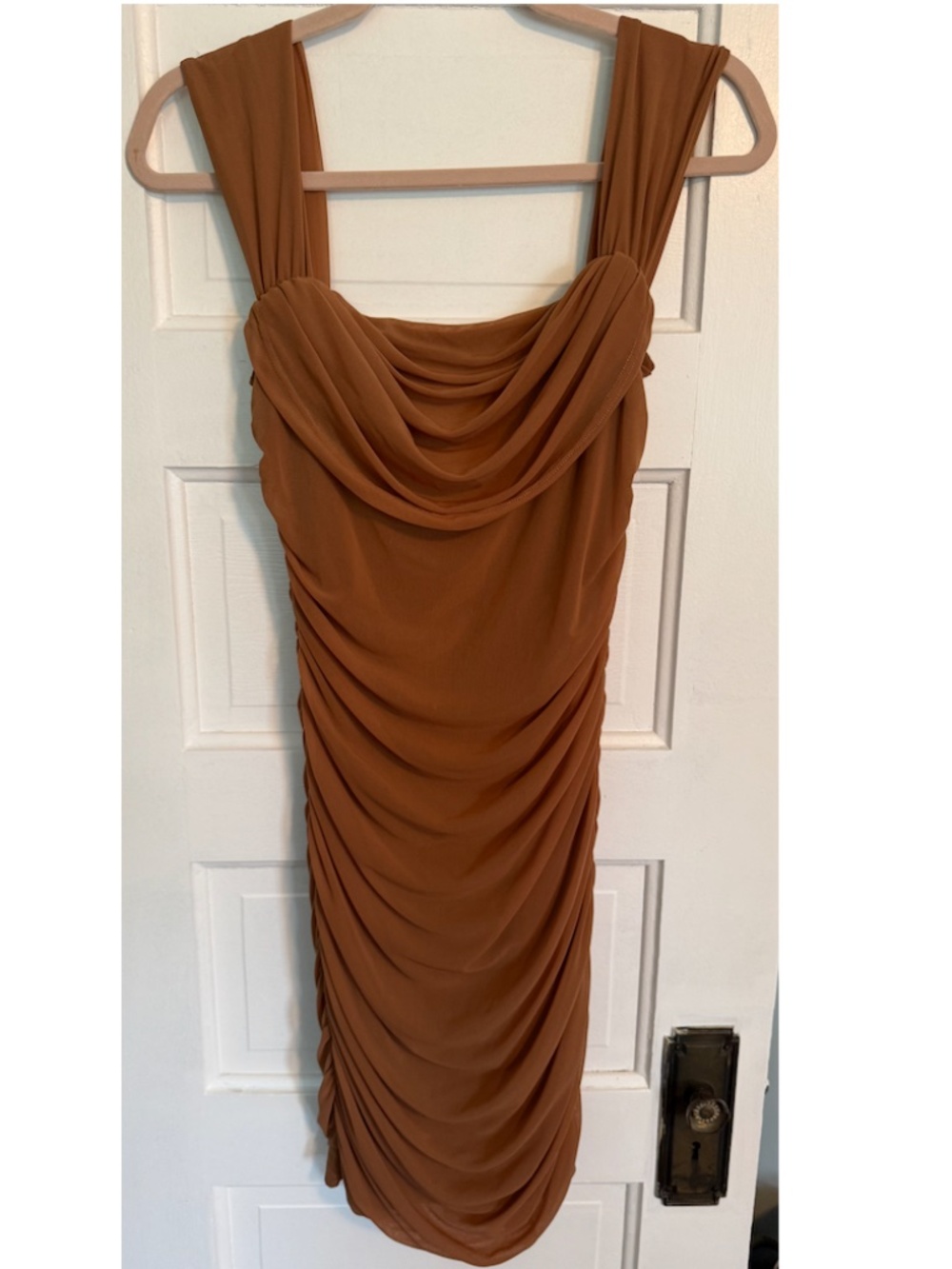 PrettyGarden Brown Ruched Mesh Bodycon Mini Dress M